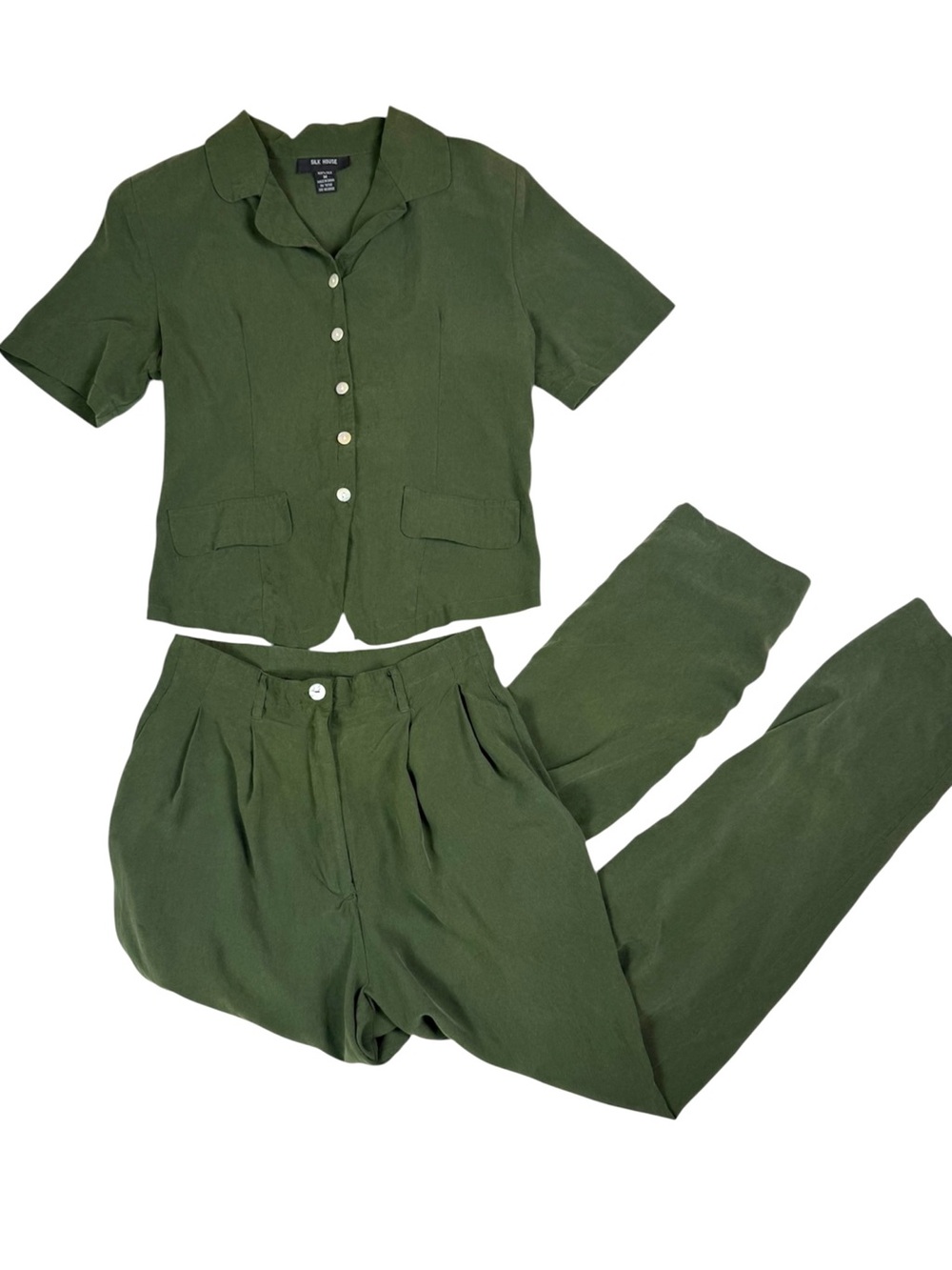 Silk House 100% Silk Olive Green Matching Set Size M Blouse Pants Two Piece